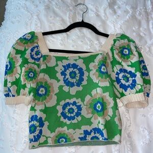 Green and Blue Boxy Blouse with Floral Pattern